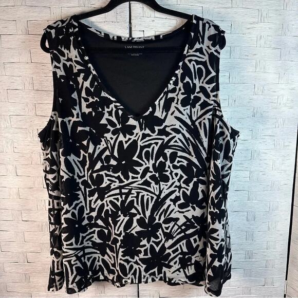 Lane Bryant Sleeves blouse floral black white V-neck sheer overlay plus size - Picture 1 of 8